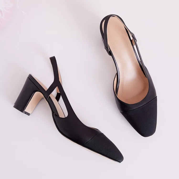 Genuine Leather Slingback Pumps Cap Toe — Beige Nude | KIMLUD