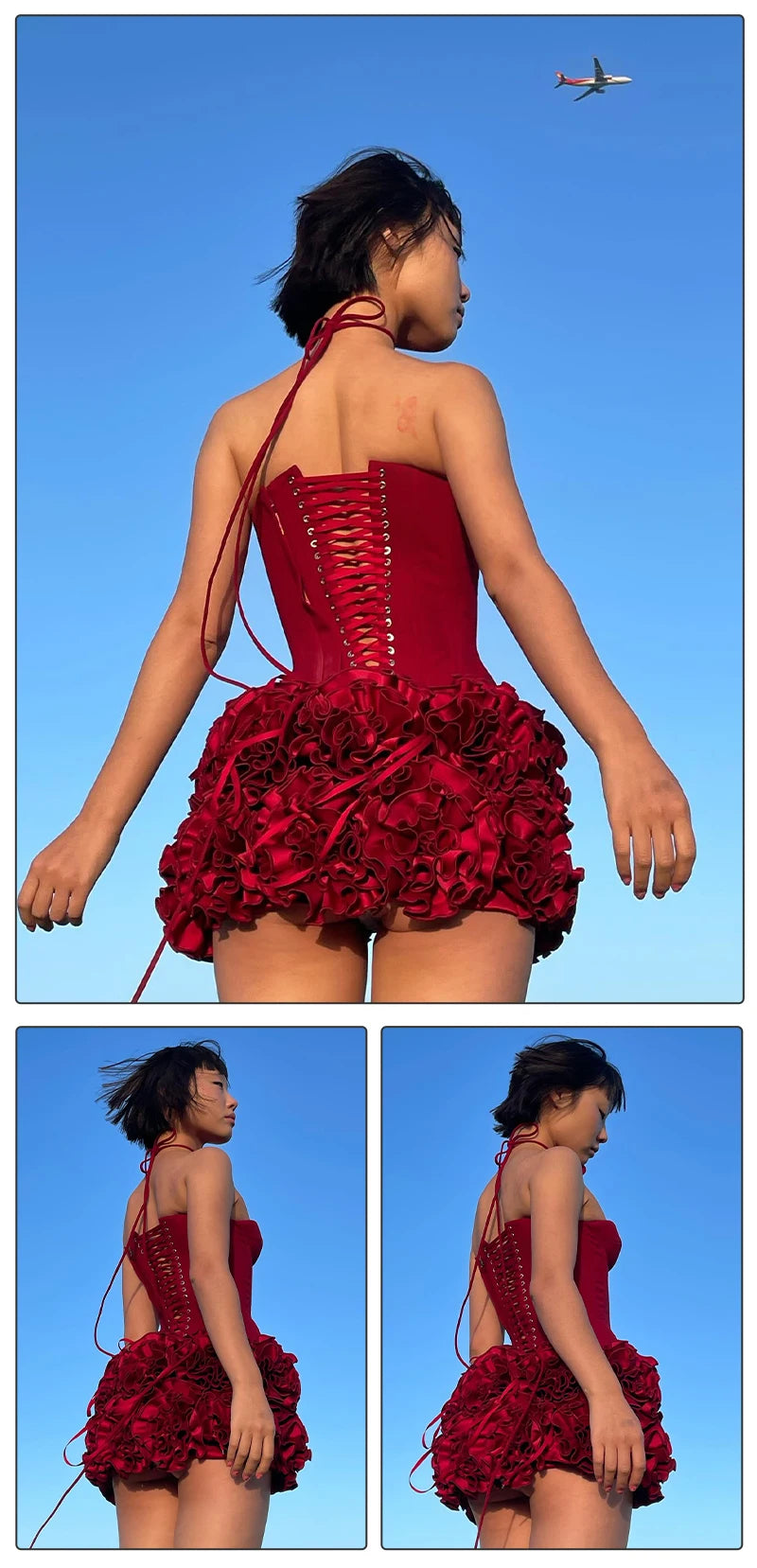 Bandage Mini Dress Strapless With Floral Lace Back — Crimson Red | KIMLUD