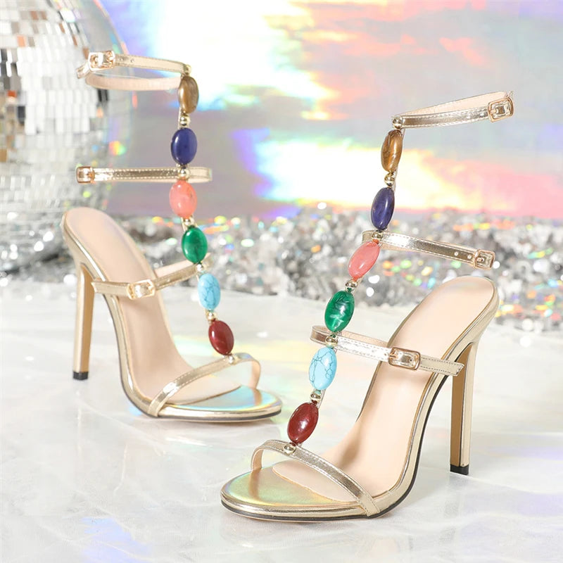 Bohemian Gem Strap Gladiator Sandals Beaded Detailing Crystal Accents Open Toe — Gold | KIMLUD