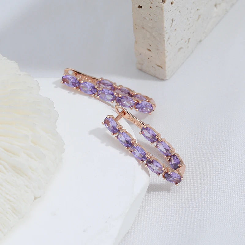 Luxury Full Claw Oval Purple Zircon Metal Earrings 585 Gold Color Ear Drop Statement Jewelry Women Party Wedding Accessories