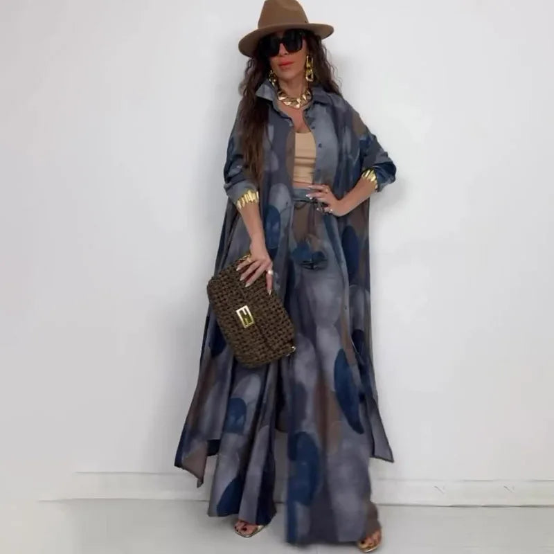 Two-Piece Pant Set – Print Cardigan and Shirt – Cotton Linen | KIMLUD