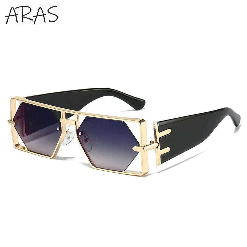 Steampunk Sunglasses Rectangle Hexagon Frame Hollow Alloy — Gold | KIMLUD