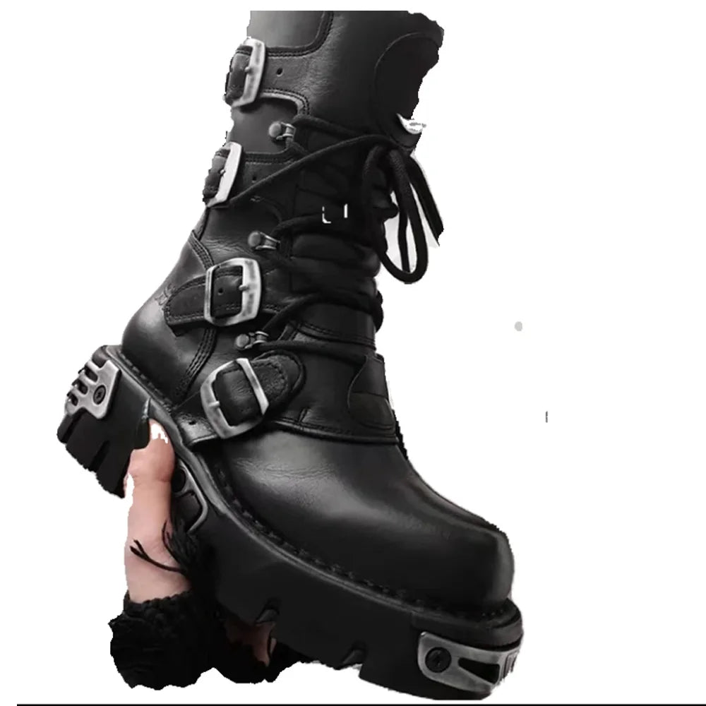 Genuine Leather Motorcycle Boots Goth Skull Embellishment With Metal Hardware — Black | KIMLUD
