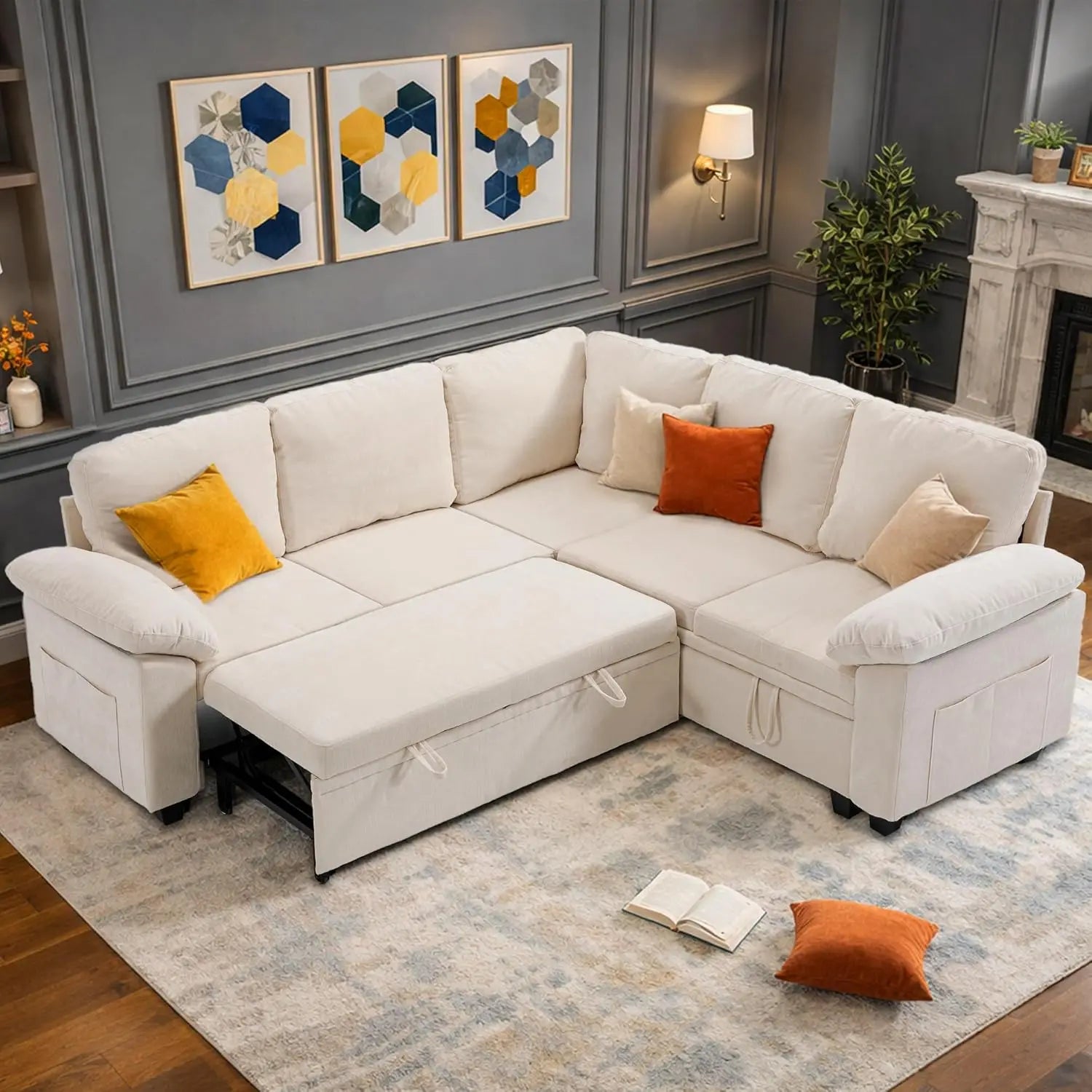 108in L-Shaped Sleeper Sectional Sofa Bed with Storage, Chenille, 5-Seat Modular for Living Room Apartment, Customized