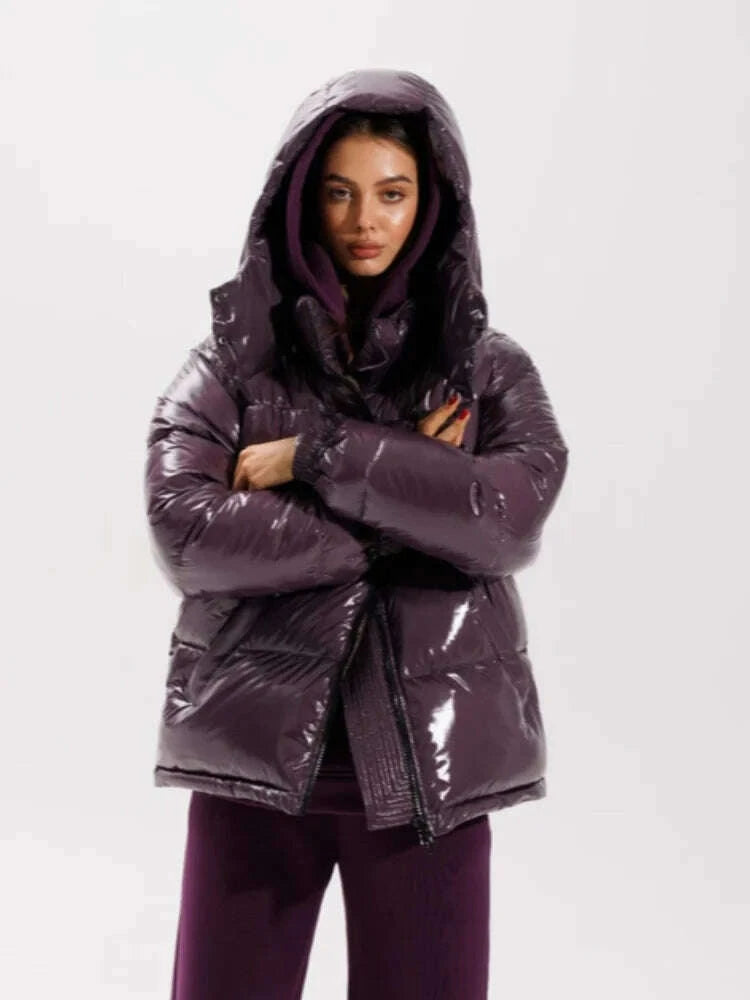 KIMLUD, Chic Glossy Women's Thicken Cotton Coats Hooded Solid Loose Zippers Warm Lady Coat 2025 Winter Casual Female Street Jackets, KIMLUD Womens Clothes