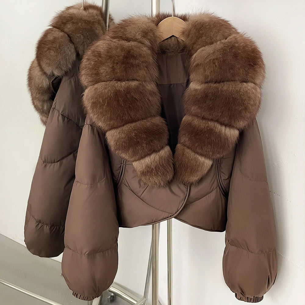 Down Coat – Real Fox Fur Trim – Duck Down – Natural | KIMLUD
