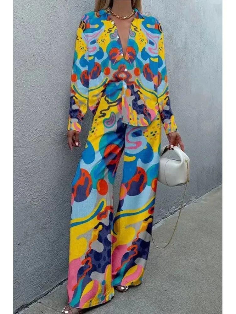 Two Piece Pant Set – Print Shirt and Wide Leg Pants – Broadcloth | KIMLUD