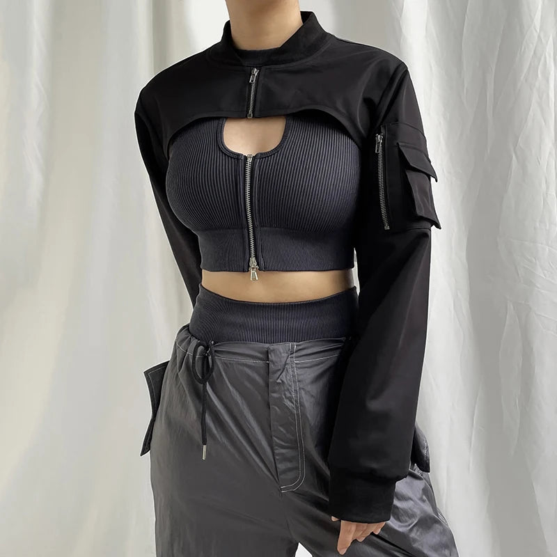 Showmirror Super-short Black Jacket Zipper Long Sleeve Harajuku Cropped Tshirt Gothic Techwear Fashion Korean Tee Punk Street
