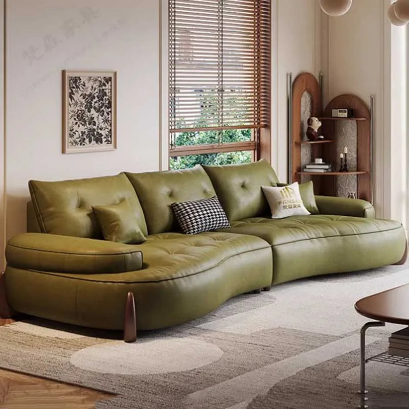 Leather U-Shape Sofa Pillowed Cushions — Caramel Brown | KIMLUD