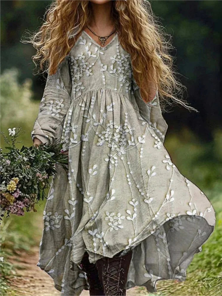 Boho Vintage Print Long Dresses For Women 2025 Casual V Neck Full Sleeve Splice High Waist Loose Dress Autumn Fashion Vestidos