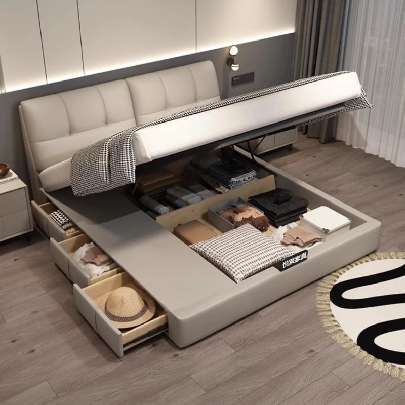 Minimalist Leather Storage Double Bed Modern Frame — Dove Gray | KIMLUD