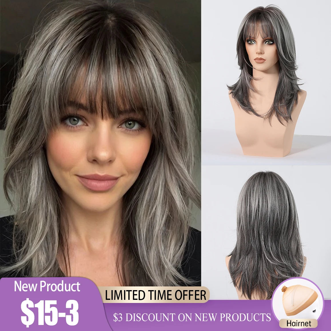 Wig – Medium-Length Layered Straight Bangs – Synthetic Hair – Grey | KIMLUD