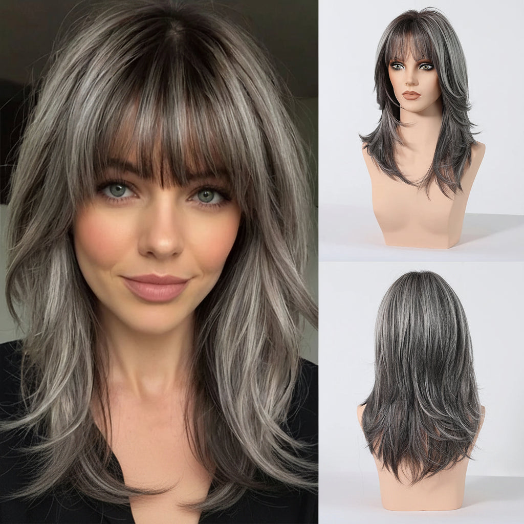A gray and black layered wig with bangs shown on a model's face, on a mannequin torso, and from the back, with promotional text at the bottom.