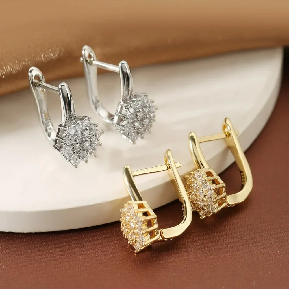 Stainless Steel Hoop Earrings U Shape Zircon Flower — Gold | KIMLUD