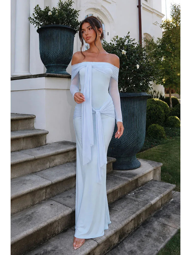 Maxi Dress – Slash Neck Mesh Long Sleeve – Polyester – Light Blue | KIMLUD