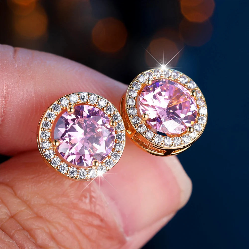 Zircon Stud Earrings Round Stone — Multicolor | KIMLUD