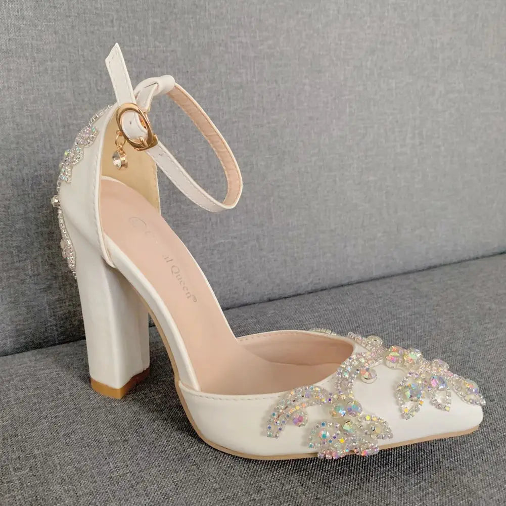 PU Sandals Rhinestone Flower Embellished Square Heel — White | KIMLUD