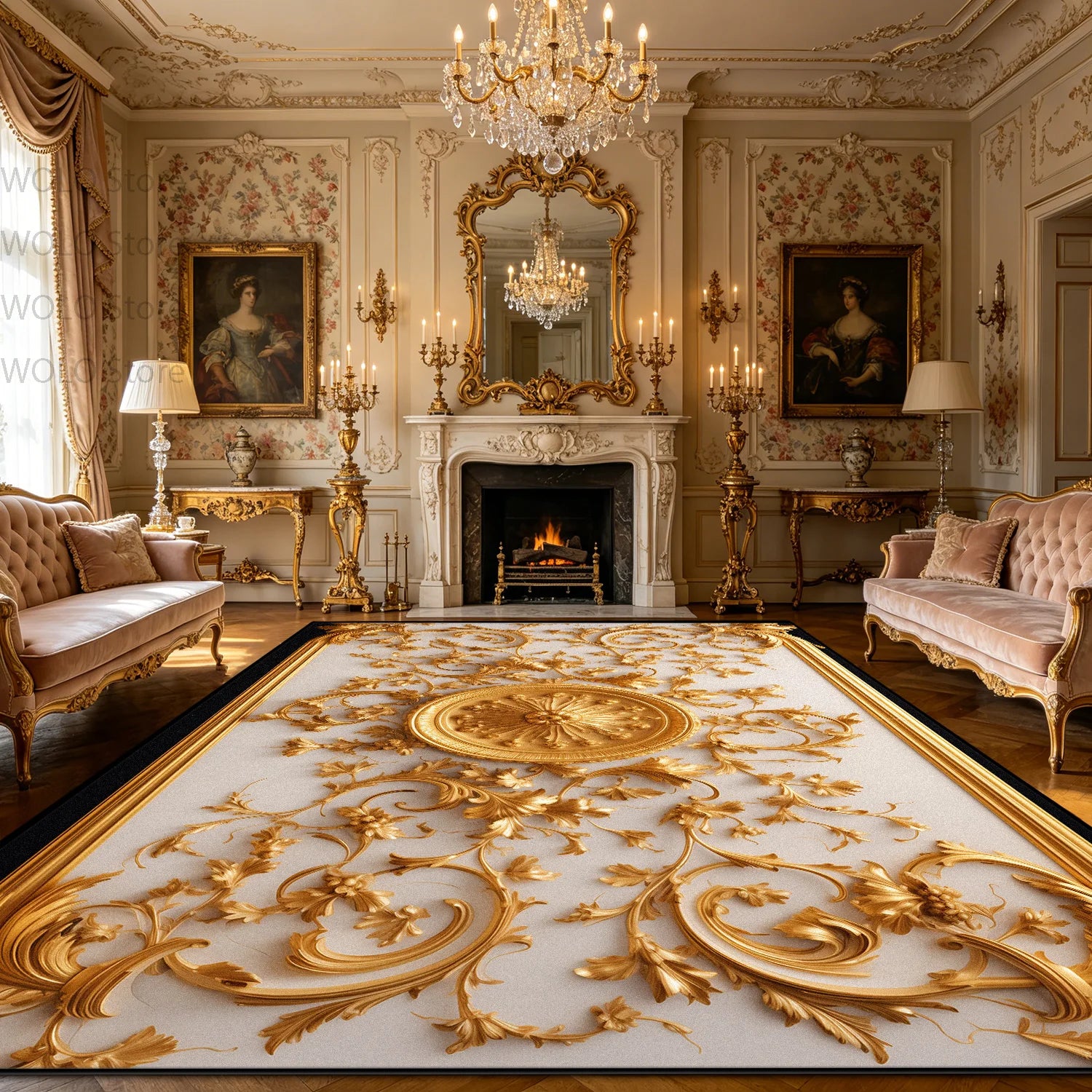 Luxurious Rococo Geometric Area Rug — Gold | KIMLUD