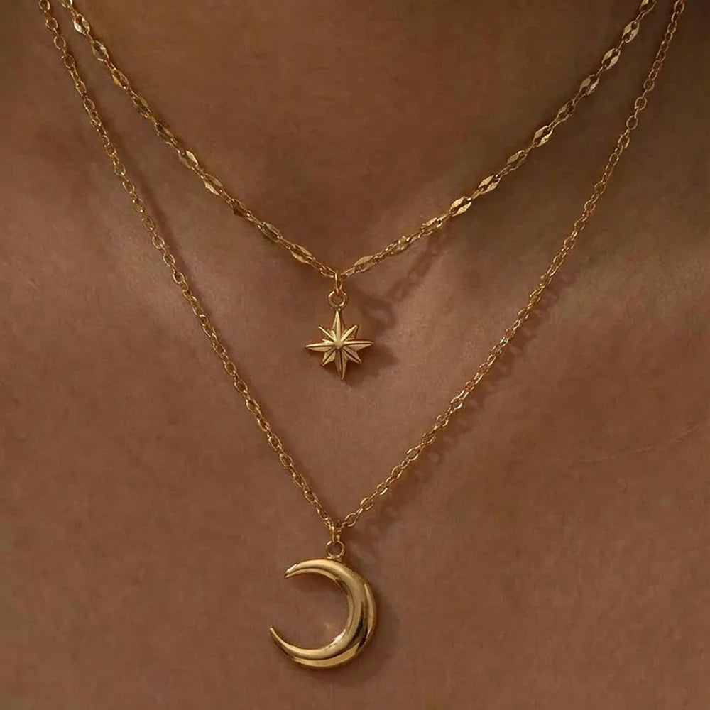 Stainless Steel Necklace Eight-Pointed Star Moon Pendant — Silver | KIMLUD