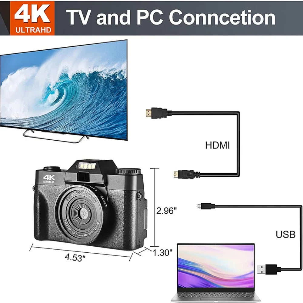 4K Digital Camera for Photography 48MP WiFi Auto Focus Livestream Video Camera 16X Digital Zoom YouTube Vlog Camera Flip Screen