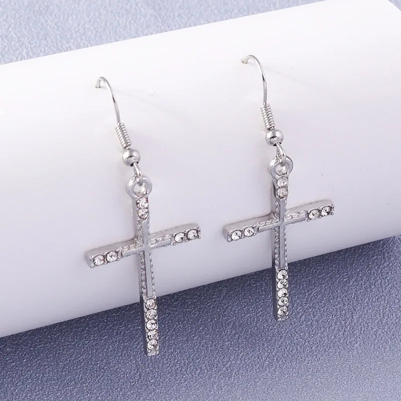 Silver-Tone Cross Earrings Zircon Crystal Dangle — Silver | KIMLUD