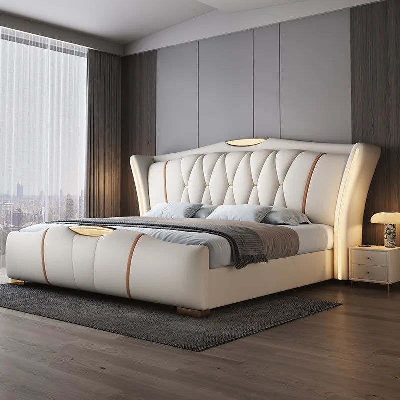 Leather Bed Frame With Lit Headboard — Ivory-Beige | KIMLUD