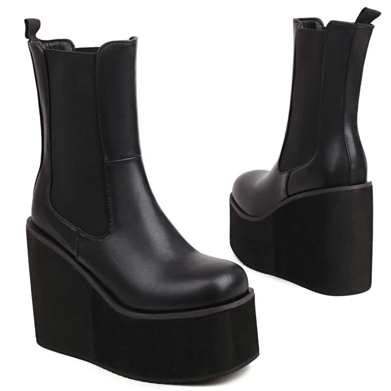 Platform Ankle Boots For Women Shoes Black White Wedges High Heels Gothic Boot Casual Autumn Winter Shoes Female Waterproof