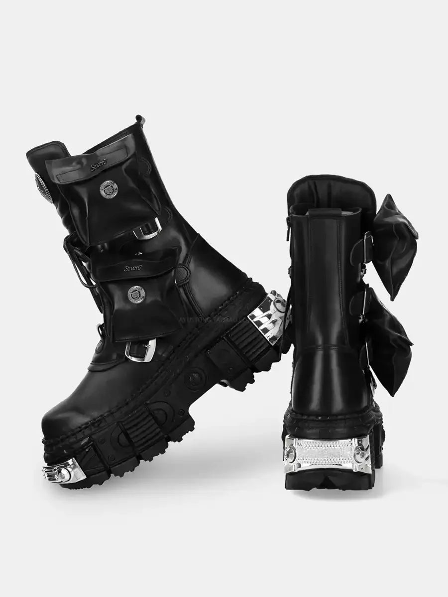 2024 New Punk Women Platform Ankle Boots Female's Rock Round Toe Lace Up Fashion Retro Chunky Shoes Metal Decor Short Boots