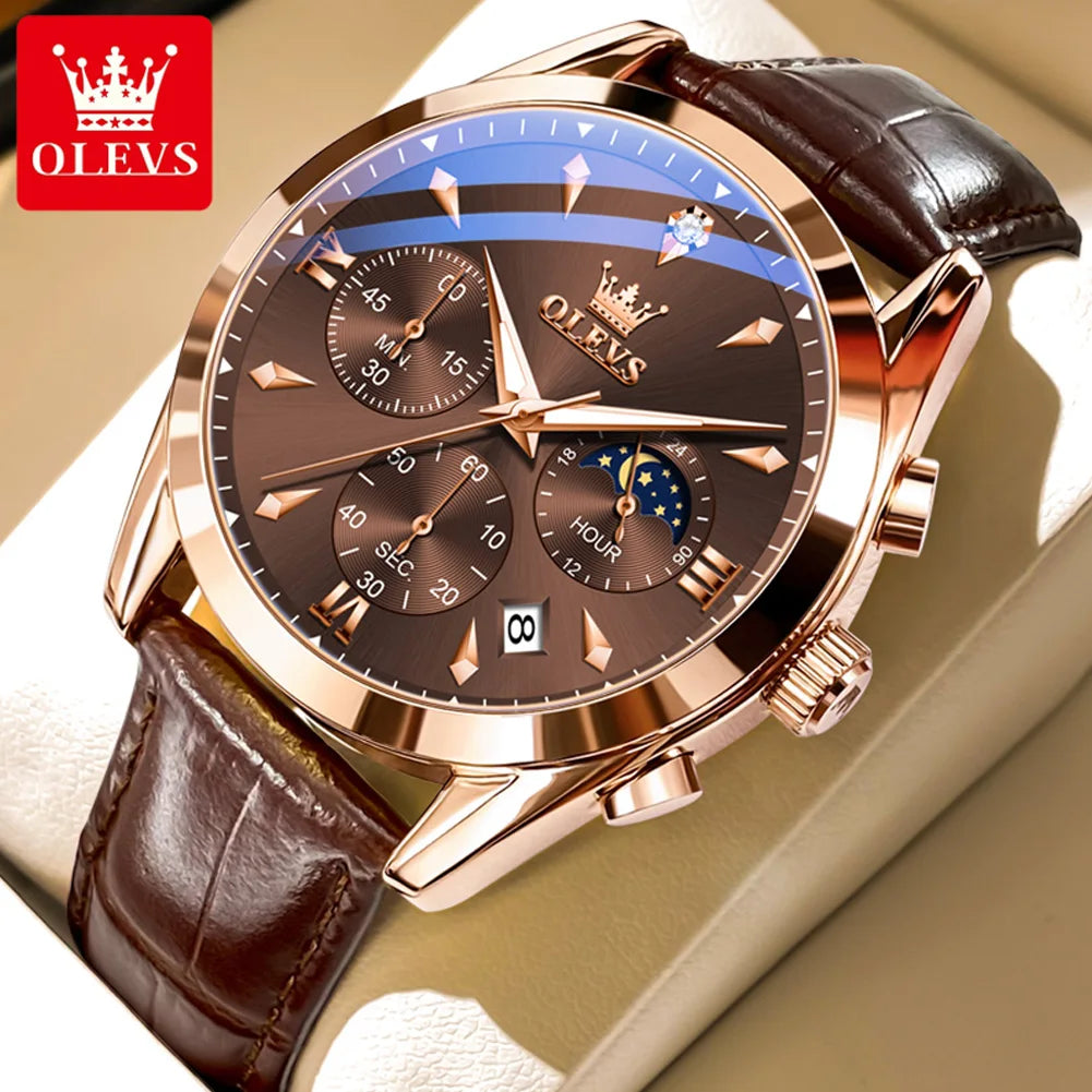 OLEVS Luxury Men's Watches Leather Strap Waterproof Luminous Chronograph Moon Phase Man Watch Top Original Quartz Watch for Men