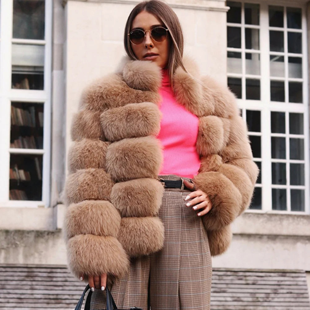 QUEENTINA Fox Fur Coat Real Winter New Outwears Women's Fashion Luxury Jacket High Quality Clothing Natural And Stand Collar