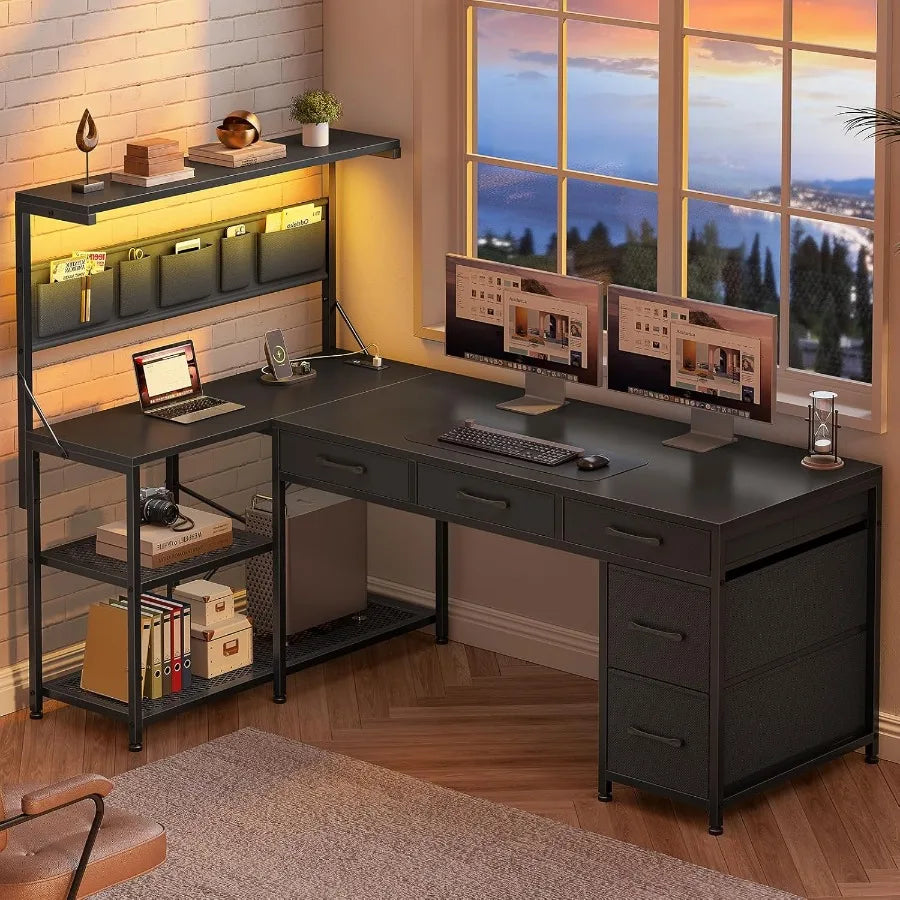L-Shaped Desk With 5 Drawers And Reversible Storage Shelves — Charcoal Black | KIMLUD