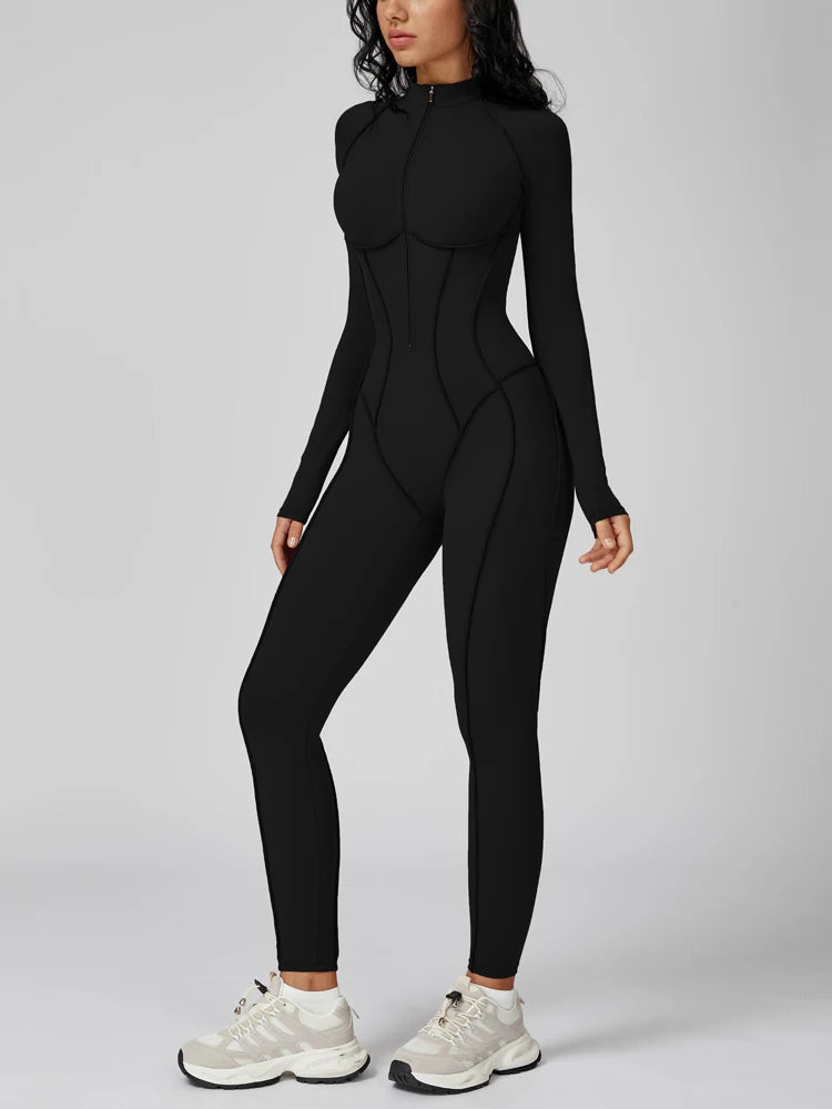 Women Running Romper – Built-In Bra Zip Front – Nylon One Piece | KIMLUD