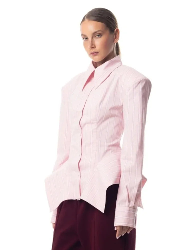 Fitted Striped Shirt Asymmetric Hem — Pink | KIMLUD