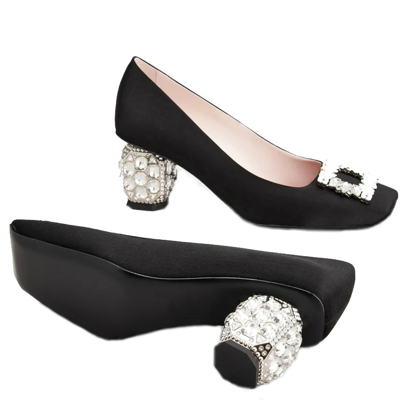 Satin Rhinestone High Heels Square Toe — Champagne | KIMLUD