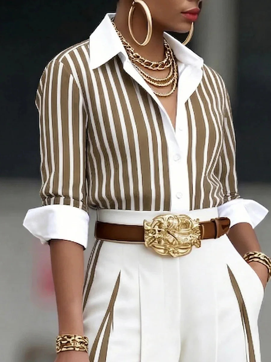 Silk Look Striped Two-Piece Set Belt — Black | KIMLUD