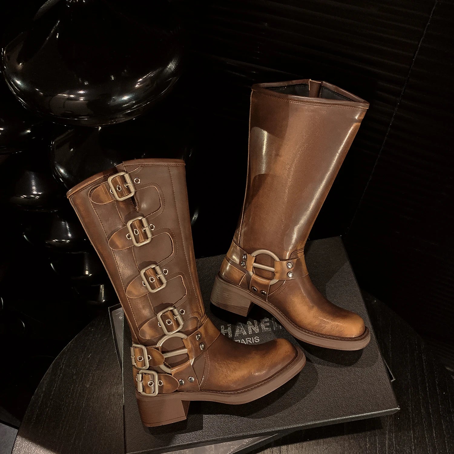 Knee-High Western Boots – Platform Rivet Belt Buckle – Genuine Leather | KIMLUD