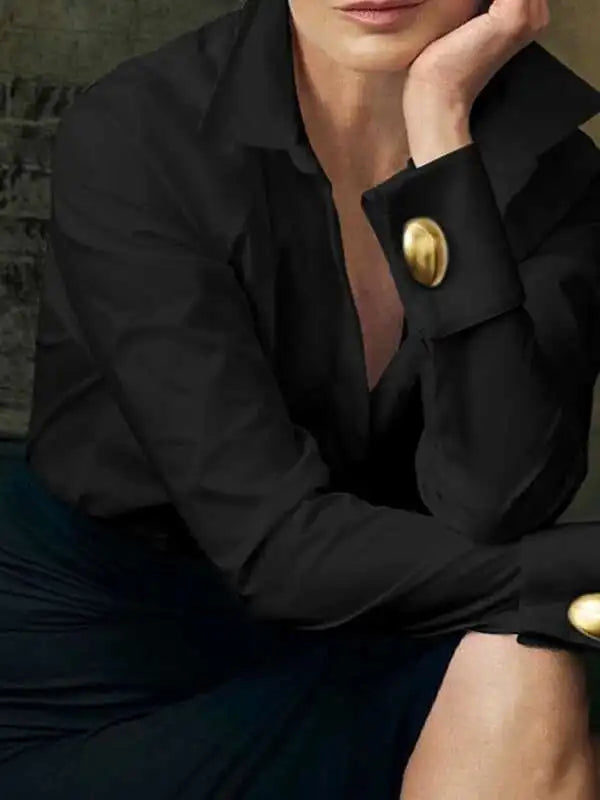 2025 Women's Shirts Office Lady Long Sleeves Solid Color Gold Button Spring Summer Classic Shirt Blouse Woman Clothing
