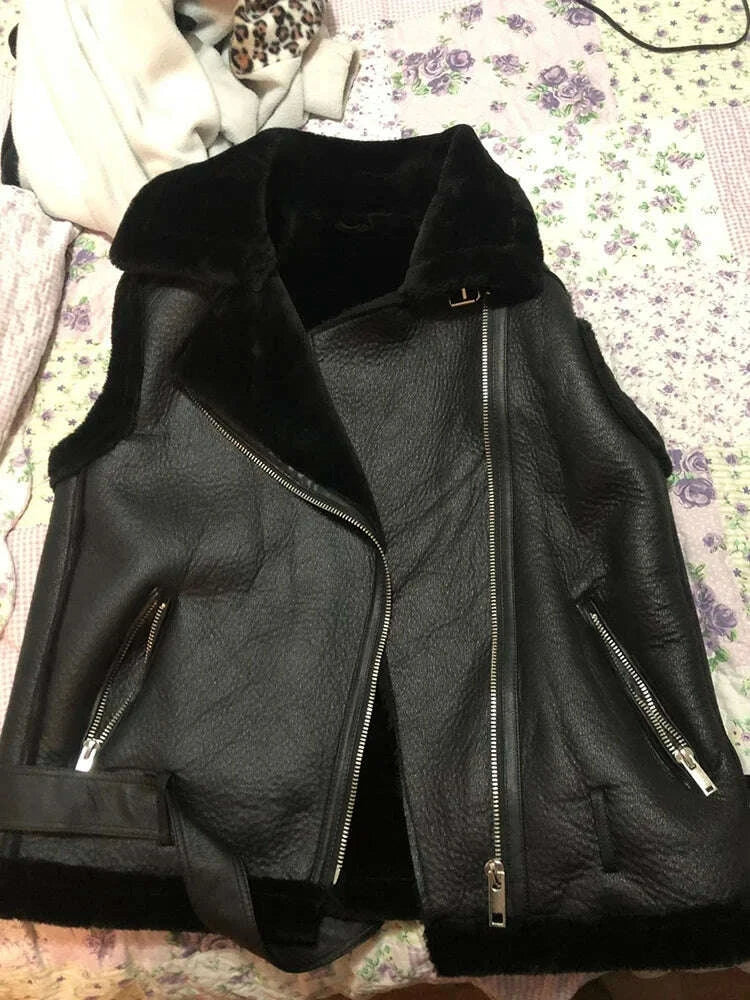 KIMLUD, Streetwear Women Loose Thick Warm Sleeveless Faux Soft Fur Leather Vest Autumn Winter Female Zipper Belt Waistcoat Tops, KIMLUD Womens Clothes