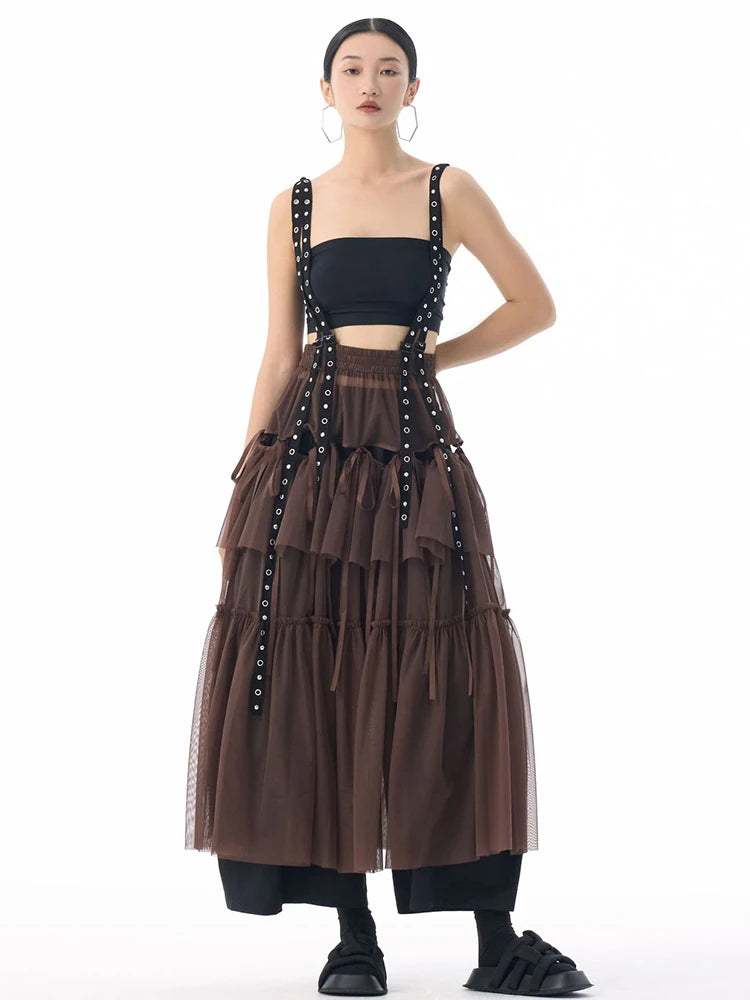 Midi Skirt - High Elastic Waist - Cotton Polyester - Coffee | KIMLUD