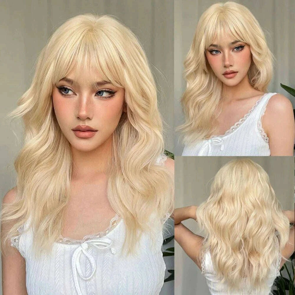 KIMLUD, Golden Blonde Mixed Synthetic Wig Dark Root Wavy Hair With Side Bangs for Women Daily Party Cosplay wig Heat Resistant Fiber, KIMLUD Womens Clothes