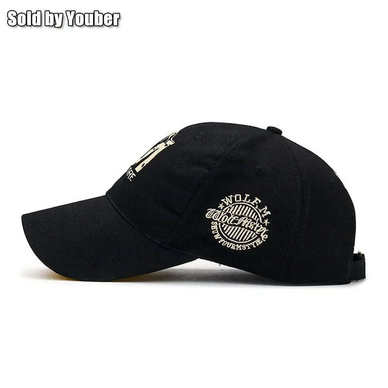 KIMLUD, M letter Wolf Totem Embroidery Cotton Adjustable Hard Top Baseball Cap Sun Hat Trucker Caps Dad Hats, KIMLUD Womens Clothes