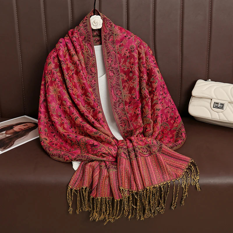 Cashmere Pashmina Shawl With Autumn Print Design, Olive Accents And Gold-Toned Fringe — Red | KIMLUD