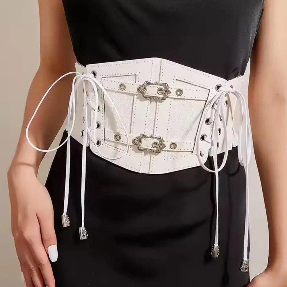 Retro Wide Belt PU Stretch Cummerbunds Belts — Brown White | KIMLUD