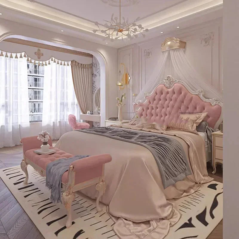 Nordic Beech Wood Bed With Upholstered Headboard — Blush Pink | KIMLUD