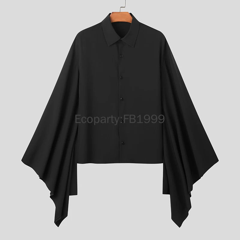 Men Hanfu Shirt – Black Lapel Flare Long Sleeve Gothic – Polyester – Black | KIMLUD