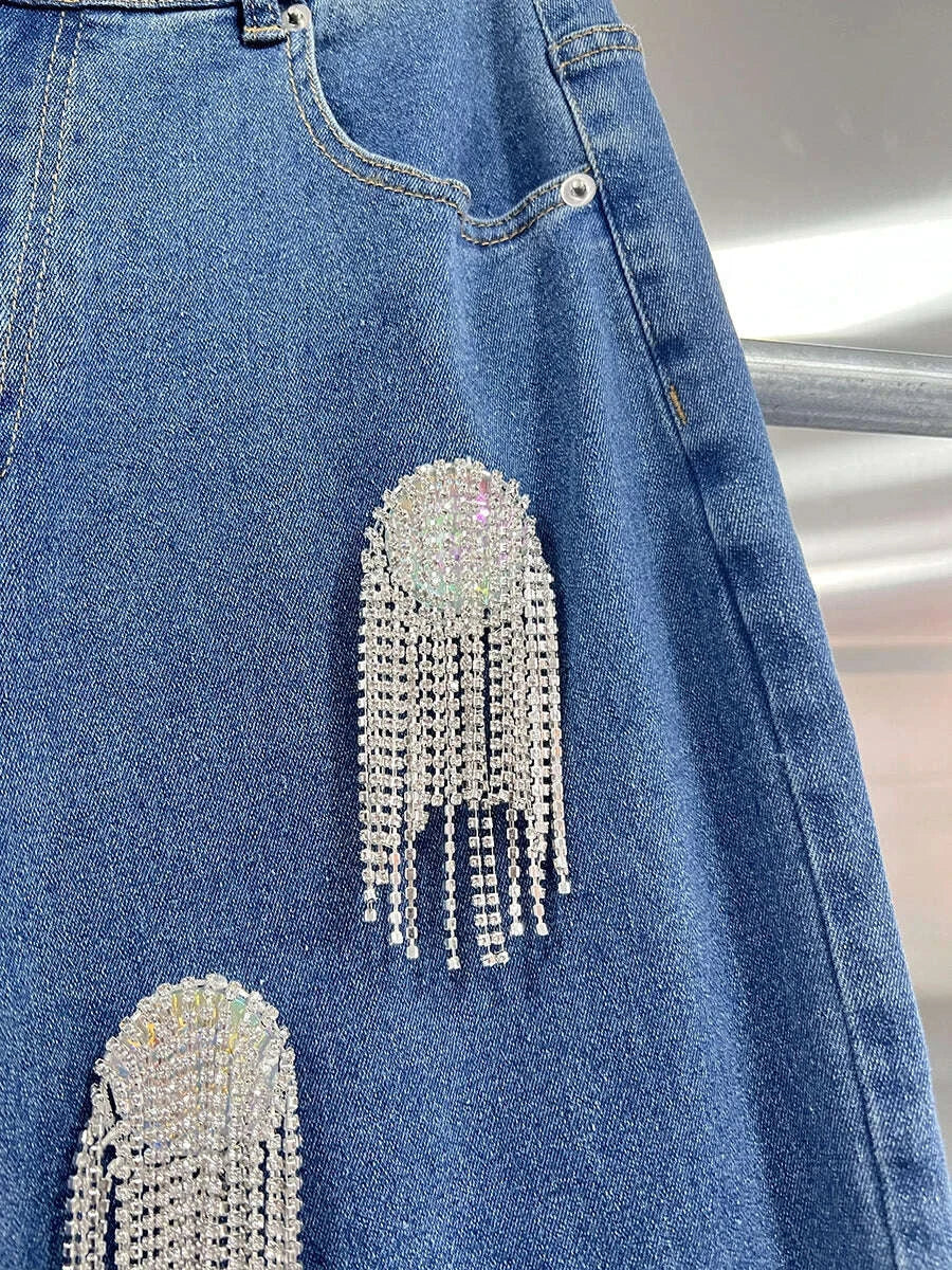 KIMLUD, TWOTWINSTYLE Solid Patchwork Tassel Chic Denim Pants For Women High Waist Spliced Button Wide Leg Straight Pants Female Fashion, KIMLUD Womens Clothes