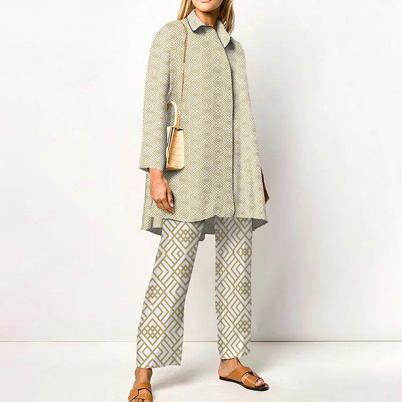 Two-Piece Set – Printed Autumn Vintage – Broadcloth – Wide-Leg Pants | KIMLUD