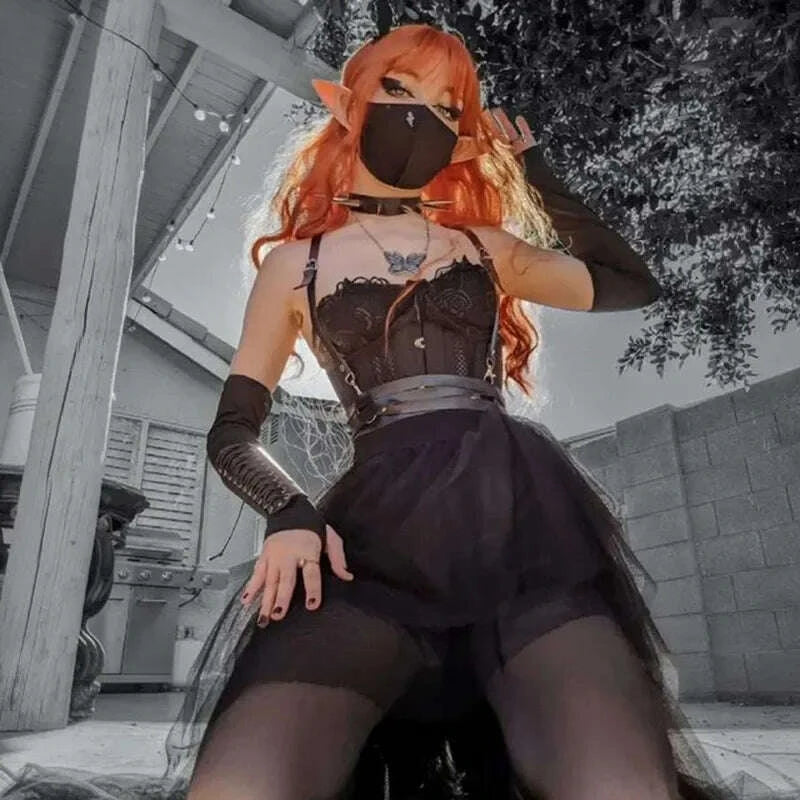 KIMLUD, Casual Skirts Punk Sexy Net Yarn High-Waisted Irregular Skirt for Women Summer New European and American Gothic Style Versatile, KIMLUD Womens Clothes