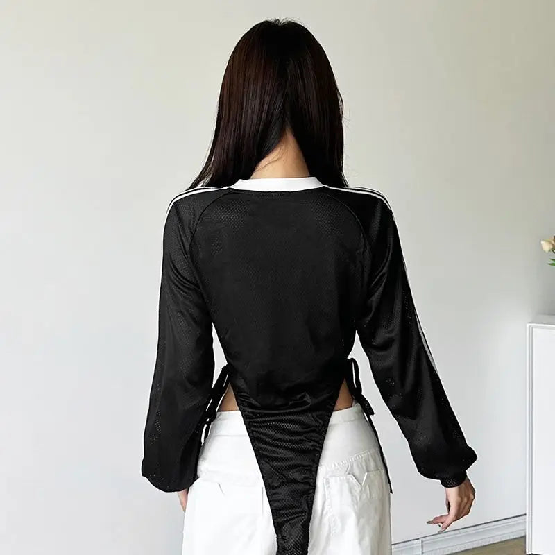 Y2k American Retro V-neck Long Sleeved Slim Fit Tops Stripe Bodysuit T-shirts Women Letter Printed Bodysuits Streetwear Jumpsuit