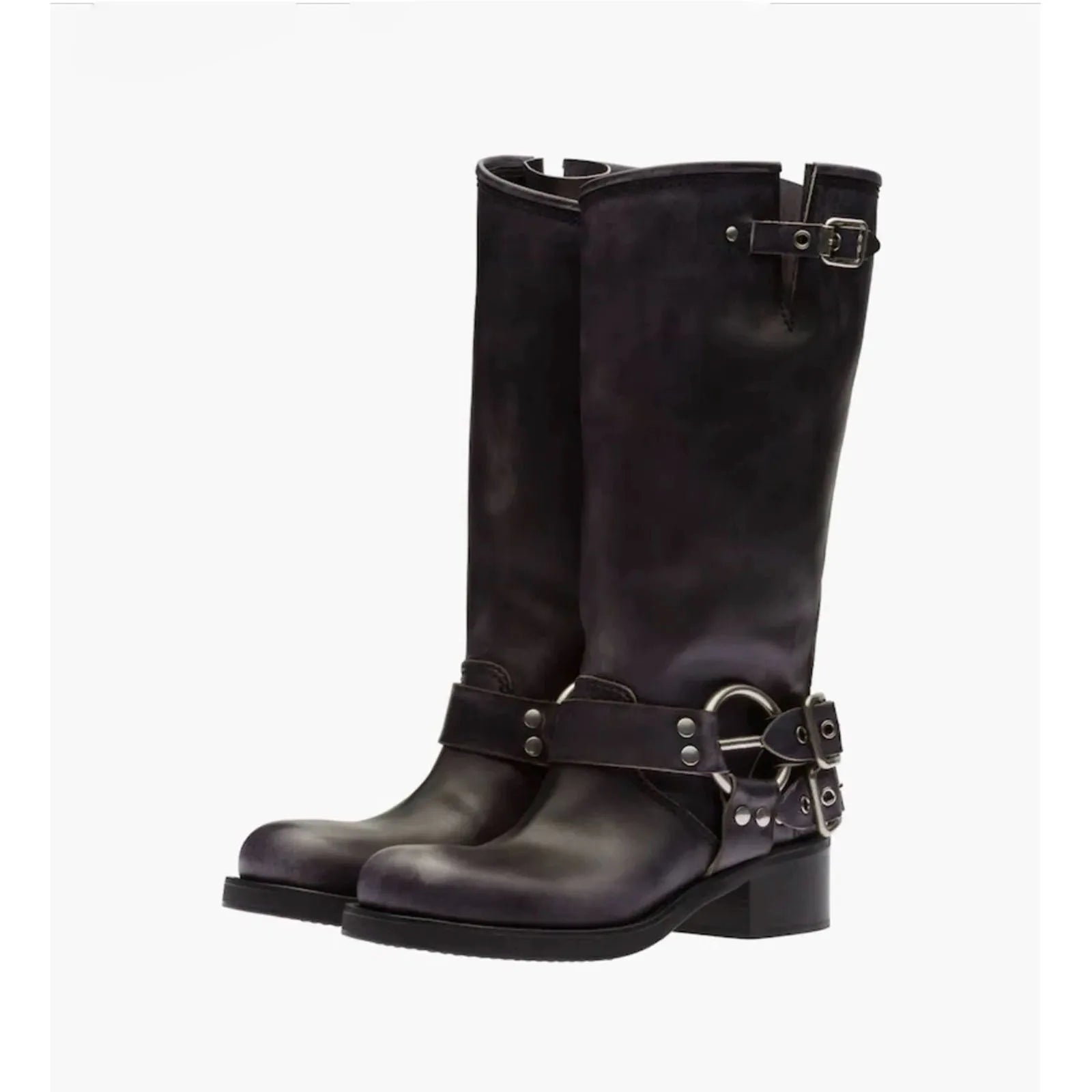 Arden Furtado 2025Autumn Brown Platform Motorcycle boots Round toe Belt buckle Slip-on Middle heel Knee high boots Western boots